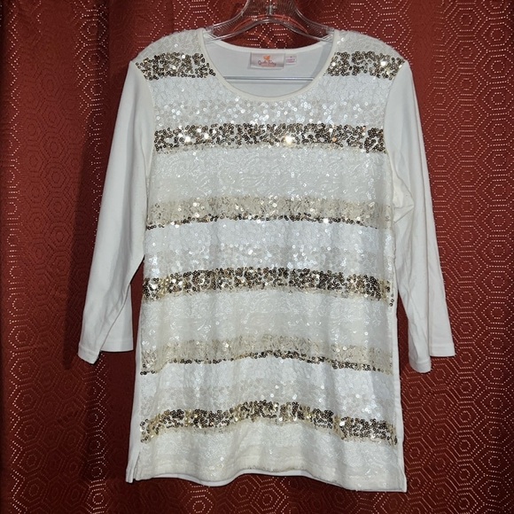 Quacker Factory Sequin Off-White Blouse S - Picture 1 of 6